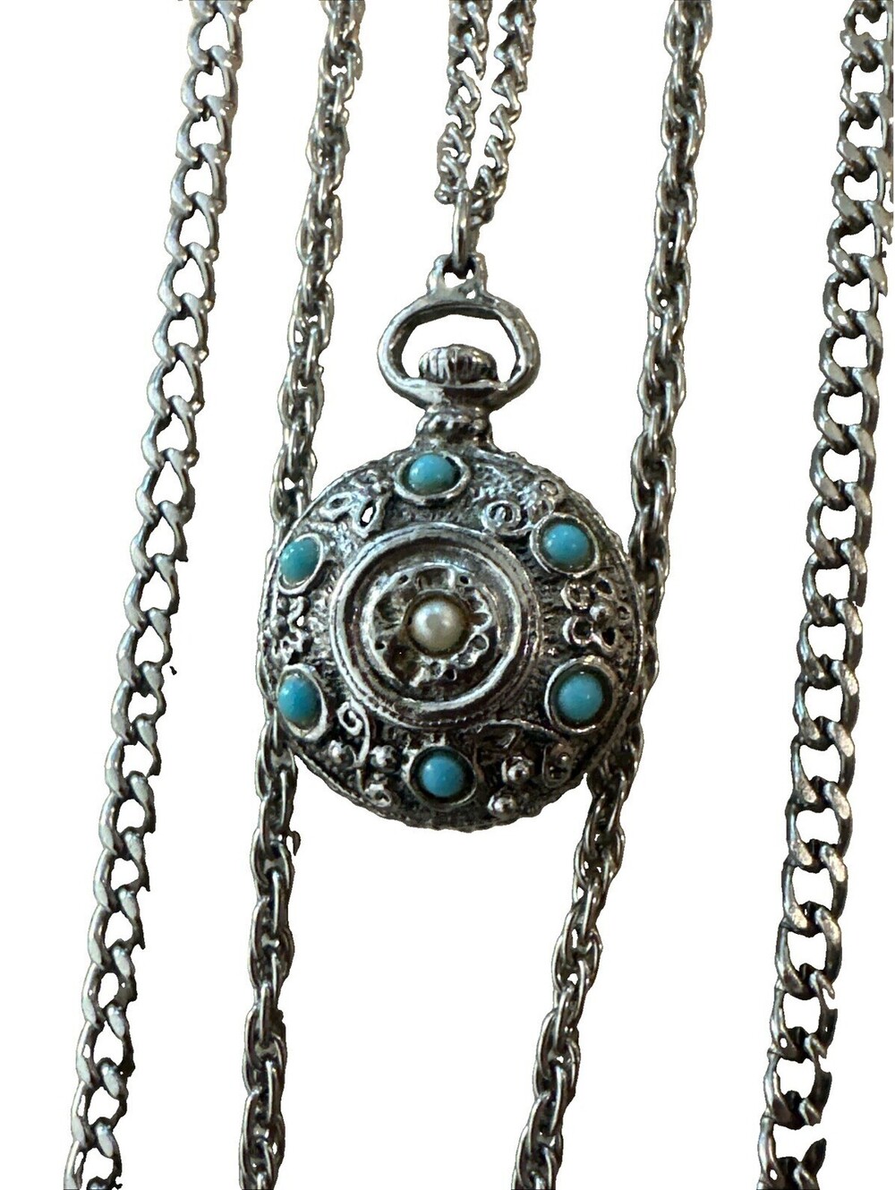 Vintage Signed Goldette Silver Necklace Triple Chain Turquoise/Pearl Pendant 56”